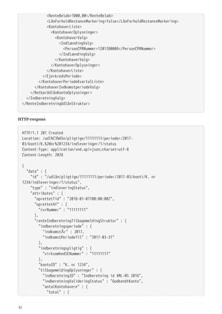   <RenteBeløb>1000,00</RenteBeløb>
  <LånForholdRestanceMarkering>false</LånForholdRestanceMarkering>
  <KontohaverListe>
  <KontohaverOplysninger>
  <KontohaverValg>
  <IndlændingValg>
  <PersonCPRNummer>1201280008</PersonCPRNummer>
  </IndlændingValg>
  </KontohaverValg>
  </KontohaverOplysninger>
  </KontohaverListe>
  </EjerkredsPeriode>
  </KontohaverPeriodeKvartalListe>
  </KontohaverIndkomstperiodeValg>
  </RetbarUdlånKontoOplysninger>
  </IndberetningValg>
</RenteIndberetningUdlånStruktur>
HTTP-respons
HTTP/1.1 201 Created
Location: /udl%C3%A5n/pligtige/11111111/perioder/2017-
03/konti/K.%20nr%201234/indleveringer/1/status
Content-Type: application/vnd.api+json;charset=utf-8
Content-Length: 2028
{
  "data" : {
  "id" : "/udlån/pligtige/11111111/perioder/2017-03/konti/K. nr
1234/indleveringer/1/status",
  "type" : "indleveringStatus",
  "attributes" : {
  "oprettetTid" : "2018-01-01T00:00:00Z",
  "oprettetAf" : {
  "cvrNummer" : "11111111"
  },
  "renteIndberetningTilbagemeldingStruktur" : {
  "indberetningsperiode" : {
  "indkomstÅr" : 2017,
  "indkomstPeriodeTil" : "2017-03-31"
  },
  "indberetningspligtig" : {
  "virksomhedSENummer" : "11111111"
  },
  "kontoID" : "K. nr 1234",
  "tilbagemeldingOplysninger" : {
  "indberetningID" : "Indberetning id XML-NS 2016",
  "indberetningValideringStatus" : "GodkendtKonto",
  "antalKontohavere" : {
  "total" : {
42
 
