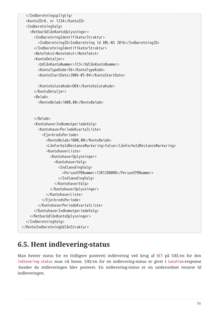   </Indberetningspligtig>
  <KontoID>K. nr 1234</KontoID>
  <IndberetningValg>
  <RetbarUdlånKontoOplysninger>
  <IndberetningIdentifikatorStruktur>
  <IndberetningID>Indberetning id XML-NS 2016</IndberetningID>
  </IndberetningIdentifikatorStruktur>
  <NoteTekst>Notetekst</NoteTekst>
  <KontoDetaljer>
  <UdlånKontoNummer>123</UdlånKontoNummer>
  <KontoTypeKode>56</KontoTypeKode>
  <KontoStartDato>2006-05-04</KontoStartDato>
  <KontoValutaKode>DKK</KontoValutaKode>
  </KontoDetaljer>
  <Beløb>
  <RenteBeløb>1000,00</RenteBeløb>
  </Beløb>
  <KontohaverIndkomstperiodeValg>
  <KontohaverPeriodeKvartalListe>
  <EjerkredsPeriode>
  <RenteBeløb>1000,00</RenteBeløb>
  <LånForholdRestanceMarkering>false</LånForholdRestanceMarkering>
  <KontohaverListe>
  <KontohaverOplysninger>
  <KontohaverValg>
  <IndlændingValg>
  <PersonCPRNummer>1201280008</PersonCPRNummer>
  </IndlændingValg>
  </KontohaverValg>
  </KontohaverOplysninger>
  </KontohaverListe>
  </EjerkredsPeriode>
  </KontohaverPeriodeKvartalListe>
  </KontohaverIndkomstperiodeValg>
  </RetbarUdlånKontoOplysninger>
  </IndberetningValg>
</RenteIndberetningUdlånStruktur>
6.5. Hent indlevering‑status
Man henter status for en (tidligere posteret) indlevering ved brug af GET på URL’en for den
indlevering-status man vil hente. URL’en for en indlevering-status er givet i Location-response
-header da indleveringen blev posteret. En indlevering-status er en underordnet resurse til
indleveringen.
51
 