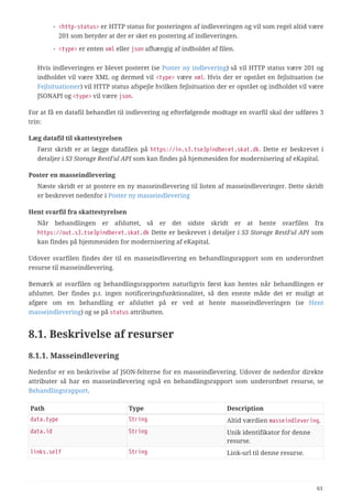 ◦ <http-status> er HTTP status for posteringen af indleveringen og vil som regel altid være
201 som betyder at der er sket en postering af indleveringen.
◦ <type> er enten xml eller json afhængig af indholdet af filen.
Hvis indleveringen er blevet posteret (se Poster ny indlevering) så vil HTTP status være 201 og
indholdet vil være XML og dermed vil <type> være xml. Hvis der er opstået en fejlsituation (se
Fejlsituationer) vil HTTP status afspejle hvilken fejlsituation der er opstået og indholdet vil være
JSONAPI og <type> vil være json.
For at få en datafil behandlet til indlevering og efterfølgende modtage en svarfil skal der udføres 3
trin:
Læg datafil til skattestyrelsen
Først skridt er at lægge datafilen på https://in.s3.tse3pindberet.skat.dk. Dette er beskrevet i
detaljer i S3 Storage RestFul API som kan findes på hjemmesiden for modernisering af eKapital.
Poster en masseindlevering
Næste skridt er at postere en ny masseindlevering til listen af masseindleveringer. Dette skridt
er beskrevet nedenfor i Poster ny masseindlevering
Hent svarfil fra skattestyrelsen
Når behandlingen er afsluttet, så er det sidste skridt er at hente svarfilen fra
https://out.s3.tse3pindberet.skat.dk Dette er beskrevet i detaljer i S3 Storage RestFul API som
kan findes på hjemmesiden for modernisering af eKapital.
Udover svarfilen findes der til en masseindlevering en behandlingsrapport som en underordnet
resurse til masseindlevering.
Bemærk at svarfilen og behandlingsrapporten naturligvis først kan hentes når behandlingen er
afsluttet. Der findes p.t. ingen notificeringsfunktionalitet, så den eneste måde det er muligt at
afgøre om en behandling er afsluttet på er ved at hente masseindleveringen (se Hent
masseindlevering) og se på status attributten.
8.1. Beskrivelse af resurser
8.1.1. Masseindlevering
Nedenfor er en beskrivelse af JSON-felterne for en masseindlevering. Udover de nedenfor direkte
attributer så har en masseindlevering også en behandlingsrapport som underordnet resurse, se
Behandlingsrapport.
Path Type Description
data.type String Altid værdien masseindlevering.
data.id String Unik identifikator for denne
resurse.
links.self String Link-url til denne resurse.
61
 
