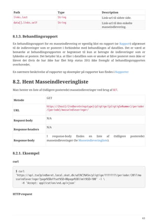 Path Type Description
links.last String Link-url til sidste side.
data[].links.self String Link-url til den enkelte
masseindlevering.
8.1.3. Behandlingsrapport
En behandlingsrapport for en masseindlevering er egentlig blot en rapport (se Rapport) afgrænset
til de indleveringer som er posteret i forbindelse med behandlingen af datafilen. Det er værd at
bemærke at behandlingsrapporten er begrænset til kun at betragte de indleveringer som er
lykkedes at postere. Det betyder bl.a. at filer i datafilen som er ønsket at blive posteret men ikke er
blevet det (hvis de har ikke har fået http status 201) ikke fremgår af behandlingsrapporten
overhovedet.
En nærmere beskrivelse af rapporter og eksempler på rapporter kan findes i Rapporter
8.2. Hent Masseindleveringliste
Man henter en liste af (tidligere posterede) masseindleveringer ved brug af GET.
Metode
GET
URL
https://{host}/{indberetningstype}/pligtige/{pligtigSeNummer}/perioder
/{periode}/masseindleveringer/
Request‑body
N/A
Response‑headers
N/A
Response‑body
I response-body findes en liste af (tidligere posterede)
masseindleveringer (Se Masseindleveringliste).
8.2.1. Eksempel
curl
$ curl
'https://api.tse3pindberet.local.skat.dk/udl%C3%A5n/pligtige/11111111/perioder/2017/ma
sseindleveringer?page%5Boffset%5D=0&page%5Blimit%5D=100' -i 
  -H 'Accept: application/vnd.api+json'
HTTP-request
63
 