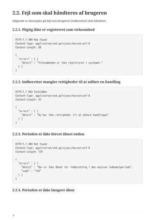2.2. Fejl som skal håndteres af brugeren
Følgende er eksempler på fejl som brugeren (indberetter) skal håndtere.
2.2.1. Pligtig ikke er registreret som virksomhed
HTTP/1.1 404 Not Found
Content-Type: application/vnd.api+json;charset=utf-8
Content-Length: 88
{
  "errors" : [ {
  "detail" : "Virksomheden er ikke registreret i systemet."
  } ]
}
2.2.2. Indberetter mangler rettigheder til at udføre en handling
HTTP/1.1 403 Forbidden
Content-Type: application/vnd.api+json;charset=utf-8
Content-Length: 93
{
  "errors" : [ {
  "detail" : "Du har ikke rettigheder til at udføre handlingen"
  } ]
}
2.2.3. Perioden er ikke blevet åbnet endnu
HTTP/1.1 404 Not Found
Content-Type: application/vnd.api+json;charset=utf-8
Content-Length: 129
{
  "errors" : [ {
  "detail" : "Der er ikke åbnet for indberetning i den angivne indkomstperiode",
  "code" : "134"
  } ]
}
2.2.4. Perioden er ikke længere åben
4
 