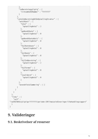   },
  "indberetningspligtig" : {
  "virksomhedSENummer" : "11111111"
  }
  },
  "renteIndberetningUdlånOptællingStruktur" : {
  "antalKonti" : {
  "total" : {
  "optællingAntal" : 2
  },
  "godkendtKonto" : {
  "optællingAntal" : 0
  },
  "godkendtKontoAdvis" : {
  "optællingAntal" : 0
  },
  "fejlKontohaver" : {
  "optællingAntal" : 0
  },
  "fejlKonto" : {
  "optællingAntal" : 0
  },
  "fejlIndberetning" : {
  "optællingAntal" : 2
  },
  "fejlFormat" : {
  "optællingAntal" : 0
  },
  "invalideret" : {
  "optællingAntal" : 0
  }
  },
  "anvendtTotalSummering" : { }
  }
  }
  }
  },
  "links" : {
  "self" :
"/udl%C3%A5n/pligtige/11111111/perioder/2017/masseindleveringer/1/behandlingsrapport"
  }
}
9. Valideringer
9.1. Beskrivelser af resurser
71
 