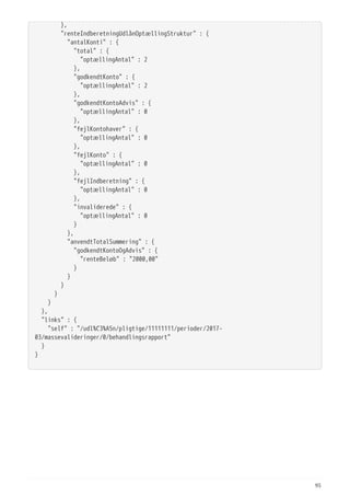   },
  "renteIndberetningUdlånOptællingStruktur" : {
  "antalKonti" : {
  "total" : {
  "optællingAntal" : 2
  },
  "godkendtKonto" : {
  "optællingAntal" : 2
  },
  "godkendtKontoAdvis" : {
  "optællingAntal" : 0
  },
  "fejlKontohaver" : {
  "optællingAntal" : 0
  },
  "fejlKonto" : {
  "optællingAntal" : 0
  },
  "fejlIndberetning" : {
  "optællingAntal" : 0
  },
  "invaliderede" : {
  "optællingAntal" : 0
  }
  },
  "anvendtTotalSummering" : {
  "godkendtKontoOgAdvis" : {
  "renteBeløb" : "2000,00"
  }
  }
  }
  }
  }
  },
  "links" : {
  "self" : "/udl%C3%A5n/pligtige/11111111/perioder/2017-
03/massevalideringer/0/behandlingsrapport"
  }
}
95
 