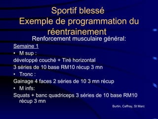 Sportif blessé  Exemple de programmation du réentrainement  Renforcement musculaire général: Semaine 1 M sup :  développé couché + Tiré horizontal  3 séries de 10 base RM10 récup 3 mn Tronc : Gainage 4 faces 2 séries de 10 3 mn récup M infs: Squats + banc quadriceps 3 séries de 10 base RM10 récup 3 mn Burtin, Caffray, St Marc 