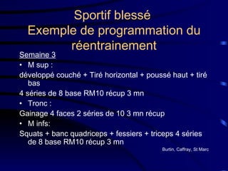 Sportif blessé  Exemple de programmation du réentrainement Semaine 3 M sup :  développé couché + Tiré horizontal + poussé haut + tiré bas 4 séries de 8 base RM10 récup 3 mn Tronc : Gainage 4 faces 2 séries de 10 3 mn récup M infs: Squats + banc quadriceps + fessiers + triceps 4 séries de 8 base RM10 récup 3 mn Burtin, Caffray, St Marc 