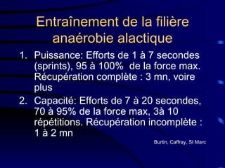 Entraînement de la filière anaérobie alactique Puissance: Efforts de 1 à 7 secondes (sprints), 95 à 100%  de la force max. Récupération complète : 3 mn, voire plus Capacité: Efforts de 7 à 20 secondes, 70 à 95% de la force max, 3à 10 répétitions. Récupération incomplète : 1 à 2 mn Burtin, Caffray, St Marc 