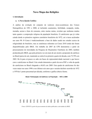 Novo Mapa das Religiões
1. Introdução

   a. A Nova Queda Católica

A análise da evolução do conjunto de variáveis sócio-econômicas dos Censos
Demográficos de 1991 e 2000, aí incluindo casamentos, fertilidade, ocupação, renda,
moradia, acesso a bens de consumo, entre muitas outras, revelam que nenhuma mudou
tanto quanto a composição religiosa da população brasileira. O catolicismo que já vinha
caindo desde os primeiros registros censitários brasileiros de 1872, cai a taxas aceleradas
nos anos 90. O Censo é tradicionalmente a base de dados usada nos estudos acerca da
religiosidade do brasileiro, mas as estatísticas referentes ao Censo 2010 ainda não foram
disponibilizadas pelo IBGE. Em trabalho de 2007 do CPS demonstrou a partir do
processamento de microdados da Pesquisa de Orçamentos Familiares de 2003, também
produzida pelo IBGE, que pela primeira vez em mais de um século a proporção de católicos
no Brasil parou de cair, mantendo-se estável no primeiro quarto de década, com 73,79% em
2003. De lá para cá pouco se sabe em bases de representatividade nacional o que houve
com o catolicismo no Brasil. Este estudo demonstra a partir da nova POF a volta da queda
do catolicismo no Brasil chegando a 68,4% em 2009. Esta queda do catolicismo foi dez
vezes maior nos anos 1990 e nos últimos seis anos que o secular declínio ocorrido de 1872
a 1970 de 1 ponto percentual por década, conforme o gráfico abaixo ilustra.

                         Brasil: Participação de Católicos na População - 1872 a 2009


       99.72                                   96.56 95.78
                                                          95.01
                                                                         93.48 93.07
                                                                                    91.77
                                                                                       88.96

                                                                                                      83.34



                                                                                                                 73.79
                                                                                                              73.89
                                                                                                                          68.43
         1872

                  1880

                          1890

                                 1900

                                        1910

                                                1920

                                                       1930

                                                              1940

                                                                         1950

                                                                                1960

                                                                                       1970

                                                                                              1980

                                                                                                     1991

                                                                                                            2000

                                                                                                                   2003

                                                                                                                           2009




                Fonte: CPS/FGV a partir do processamento de dados publicados e microdados do IBGE.



                                                                     7
 