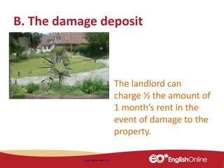 B. The damage deposit
Image shared under CC0
The landlord can
charge ½ the amount of
1 month’s rent in the
event of damage to the
property.
 