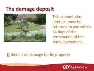 The damage deposit
Image shared under CC0
This amount plus
interest, must be
returned to you within
14 days of the
termination of the
rental agreement.
If there is no damage to the property
 