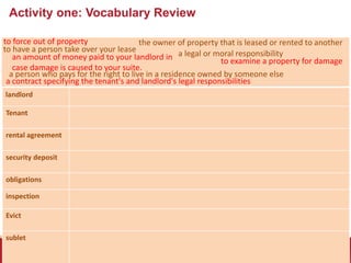 Activity one: Vocabulary Review
Member of a
nationut
Tenant
rental agreement
security deposit
obligations
inspection
Evict
sublet
to force out of property
to examine a property for damage
a contract specifying the tenant's and landlord's legal responsibilities
a legal or moral responsibilityto have a person take over your lease
a person who pays for the right to live in a residence owned by someone else
the owner of property that is leased or rented to another
landlord
an amount of money paid to your landlord in
case damage is caused to your suite.
 