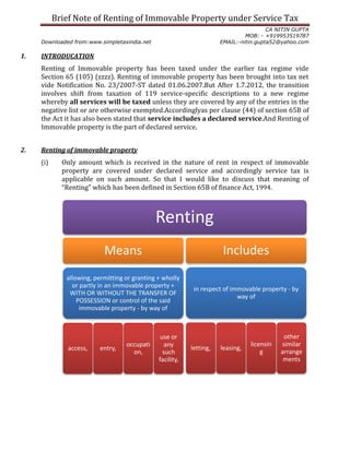 Brief Note of Renting of Immovable Property under Service Tax
CA NITIN GUPTA
MOB: - +919953519787
Downloaded from:www.simpletaxindia.net EMAIL:-nitin.gupta52@yahoo.com
1. INTRODUCATION
Renting of Immovable property has been taxed under the earlier tax regime vide
Section 65 (105) (zzzz). Renting of immovable property has been brought into tax net
vide Notification No. 23/2007-ST dated 01.06.2007.But After 1.7.2012, the transition
involves shift from taxation of 119 service-specific descriptions to a new regime
whereby all services will be taxed unless they are covered by any of the entries in the
negative list or are otherwise exempted.Accordinglyas per clause (44) of section 65B of
the Act it has also been stated that service includes a declared service.And Renting of
Immovable property is the part of declared service.
2. Renting of immovable property
(i) Only amount which is received in the nature of rent in respect of immovable
property are covered under declared service and accordingly service tax is
applicable on such amount. So that I would like to discuss that meaning of
“Renting” which has been defined in Section 65B of finance Act, 1994.
Renting
Means
allowing, permitting or granting + wholly
or partly in an immovable property +
WITH OR WITHOUT THE TRANSFER OF
POSSESSION or control of the said
immovable property - by way of
access, entry,
occupati
on,
use or
any
such
facility,
Includes
in respect of immovable property - by
way of
letting, leasing,
licensin
g
other
similar
arrange
ments
 