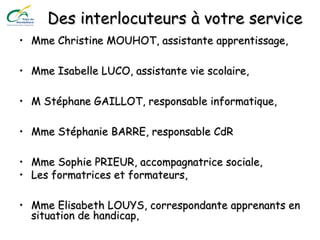 Des interlocuteurs à votre serviceDes interlocuteurs à votre service
• Mme Christine MOUHOT, assistante apprentissage,Mme Christine MOUHOT, assistante apprentissage,
• Mme Isabelle LUCO, assistante vie scolaire,Mme Isabelle LUCO, assistante vie scolaire,
• M Stéphane GAILLOT, responsable informatique,M Stéphane GAILLOT, responsable informatique,
• Mme Stéphanie BARRE, responsable CdRMme Stéphanie BARRE, responsable CdR
• Mme Sophie PRIEUR, accompagnatrice sociale,Mme Sophie PRIEUR, accompagnatrice sociale,
• Les formatrices et formateurs,Les formatrices et formateurs,
• Mme Elisabeth LOUYS, correspondante apprenants enMme Elisabeth LOUYS, correspondante apprenants en
situation de handicap,situation de handicap,
 