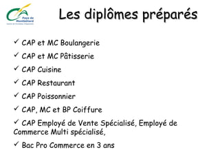 Les diplômes préparésLes diplômes préparés
 CAP et MC Boulangerie
 CAP et MC Pâtisserie
 CAP Cuisine
 CAP Restaurant
 CAP Poissonnier
 CAP, MC et BP Coiffure
 CAP Employé de Vente Spécialisé, Employé de
Commerce Multi spécialisé,
 Bac Pro Commerce en 3 ans
 