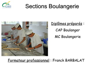 Sections BoulangerieSections Boulangerie
Diplômes préparés :
CAP Boulanger
MC Boulangerie
Formateur professionnel : Franck BARBALAT
 