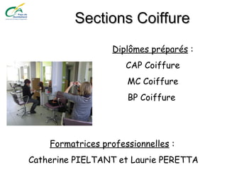 Sections CoiffureSections Coiffure
Diplômes préparés :
CAP Coiffure
MC Coiffure
BP Coiffure
Formatrices professionnelles :
Catherine PIELTANT et Laurie PERETTA
 