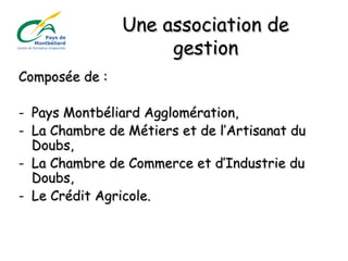 Une association deUne association de
gestiongestion
Composée de :Composée de :
- Pays Montbéliard Agglomération,Pays Montbéliard Agglomération,
- La Chambre de Métiers et de l’Artisanat duLa Chambre de Métiers et de l’Artisanat du
Doubs,Doubs,
- La Chambre de Commerce et d’Industrie duLa Chambre de Commerce et d’Industrie du
Doubs,Doubs,
- Le Crédit Agricole.Le Crédit Agricole.
 