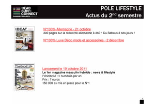 POLE LIFESTYLE
                               Actus du 2nd semestre

N°100% Allemagne - 21 octobre
300 pages sur la créativité allemande à 360° Du Bahaus à nos jours !
                                            ,

N°100% Luxe Déco mode et accessoires - 2 décembre




Lancement le 19 octobre 2011
Le 1er magazine masculin hybride : news & lifestyle
Périodicité : 5 numéros par an
Prix : 7 euros
150 000 ex mis en place pour le N°1




                                                                       6
 