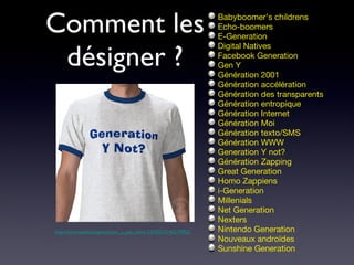 Comment les désigner ? Babyboomer’s childrens  Echo-boomers E-Generation Digital Natives Facebook Generation Gen Y Génération 2001 Génération accélération Génération des transparents Génération entropique Génération Internet Génération Moi Génération texto/SMS Génération WWW Generation Y not? Génération Zapping Great Generation Homo Zappiens i-Generation Millenials Net Generation Nexters Nintendo Generation Nouveaux androïdes Sunshine Generation http://www.zazzle.be/generation_y_pas_tshirt-235332731462770922 
