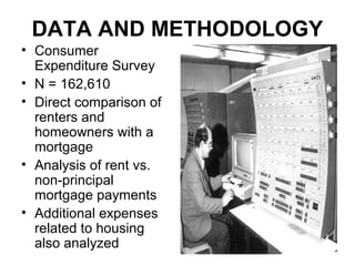 DATA AND METHODOLOGY
• Consumer
Expenditure Survey
• N = 162,610
• Direct comparison of
renters and
homeowners with a
mortgage
• Analysis of rent vs.
non-principal
mortgage payments
• Additional expenses
related to housing
also analyzed
 
