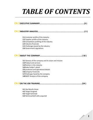 1
TABLE OF CONTENTS
CH.1EXECUTIVE SUMMARY…………………………………………………………………………….(3 )
CH.2INDUSTRY ANALYSIS……………………………………………………………………….….……( 5 )
2.1 Customer profile of the industry
2.2 Supplier profile of the industry
2.3 Competitors profiling of the industry
2.4 Industry financials
2.5 Challenges based by the industry
2.6 Government regulations
CH.3ABOUT THE COMPANY….…………………………………………………..……………..…( 18 )
3.1 Genesis of the company and its vision and mission
3.2Product and services
3.3Position in the industry
3.4Stake holder’s detail
3.5Locational and operational details
3.6Company Financials
3.7Challenges faced by the company
3.8SWOT Analysis of the company
CH.4ON THE JOB TRAINING…………………………………………………………………………(54 )
4.1 Key Results Areas
4.2 Target Assigned
4.3 Target Achieved
4.4 Technical/Soft skills acquired
 