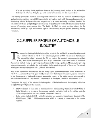 10
With an increasing youth population some of the following future Trends in the Automobile
Industry will influence the influx of a wide variety of customers into this industry fold:
This industry promised a blend of technology and automotive. With the recession trend breaking its
leashes form the past two years, 2016 is expected to get back on track with the sales of automobiles in
the country. Almost Self-governing cars are predicted to be on the streets by 2020More than half the
cars on the streets are going to be powered by diesel by 2020Industry watcher Gartner indicates that 30
percent of motorists want parking info. The facility is likely to come up after glitches in the
infrastructure catch up. High Performance Hybrid cars are likely to gain greater popularity among
consumers.
2.2 SUPPLIER PROFILE OF AUTOMOBILE
INDUSTRY
he automotive industry in India is one of the largest in the world with an annual production of
23.37 million vehicles in FY 2014-15, following a growth of 8.68 per cent over the last year.
The automobile industry accounts for 7.1 per cent of the country's gross domestic product
(GDP). The Two Wheelers segment, with 81 per cent market share, is the leader of the Indian
Automobile market, owing to a growing middle class and a young population. Moreover, the growing
interest of companies in exploring the rural markets further aided the growth of the sector. The overall
Passenger Vehicle (PV) segment has 13 per cent market share.
India is also a prominent auto exporter and has strong export growth expectations for the near future. In
FY 2014-15, automobile exports grew by 15 per cent over the last year. In addition, several initiatives
by the Government of India and the major automobile players in the Indian market are expected to
make India a leader in the Two Wheeler (2W) and Four Wheeler (4W) market in the world by 2020.
To augment the supply of the automobile industry,Govt. of India has initiated the following initiatives
to support the growth plan of this industry
 The Government of India aims to make automobile manufacturing the main driver of "Make in
India" initiative, as it expects the passenger vehicles market to triple to 9.4 million units by
2026, as highlighted in the Auto Mission Plan (AMP) 2016-26.
 In the Union budget of 2015-16, the Government has announced plans to provide credit of Rs
850,000 crore (US$127.5 billion) to farmers, which is expected to boost sales in the tractors
segment.
T
 