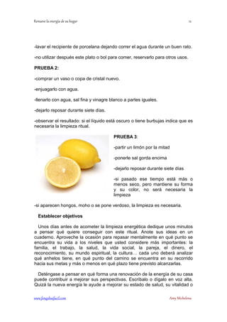 ! 
-lavar el recipiente de porcelana dejando correr el agua durante un buen rato. 
-no utilizar después este plato o bol para comer, reservarlo para otros usos. 
PRUEBA 2: 
-comprar un vaso o copa de cristal nuevo. 
-enjuagarlo con agua. 
-llenarlo con agua, sal fina y vinagre blanco a partes iguales. 
-dejarlo reposar durante siete días. 
-observar el resultado: si el líquido está oscuro o tiene burbujas indica que es 
necesaria la limpieza ritual. 
PRUEBA 3: 
-partir un limón por la mitad 
-ponerle sal gorda encima 
-dejarlo reposar durante siete días 
-si pasado ese tiempo está más o 
menos seco, pero mantiene su forma 
y su color, no será necesaria la 
limpieza 
-si aparecen hongos, moho o se pone verdoso, la limpieza es necesaria. 
Establecer objetivos 
Unos días antes de acometer la limpieza energética dedique unos minutos 
a pensar qué quiere conseguir con este ritual. Anote sus ideas en un 
cuaderno. Aproveche la ocasión para repasar mentalmente en qué punto se 
encuentra su vida a los niveles que usted considere más importantes: la 
familia, el trabajo, la salud, la vida social, la pareja, el dinero, el 
reconocimiento, su mundo espiritual, la cultura… cada uno deberá analizar 
qué anhelos tiene, en qué punto del camino se encuentra en su recorrido 
hacia sus metas y más o menos en qué plazo tiene previsto alcanzarlas. 
Deténgase a pensar en qué forma una renovación de la energía de su casa 
puede contribuir a mejorar sus perspectivas. Escríbalo o dígalo en voz alta. 
Quizá la nueva energía le ayude a mejorar su estado de salud, su vitalidad o 
	
 