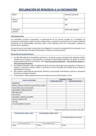 DECLARACIÓN DE RENUNCIA A LA VACUNACIÓN
Menor Fecha de nacimiento
Padres /
tutores
DNI
DNI
Profesional
sanitario
Número de...
