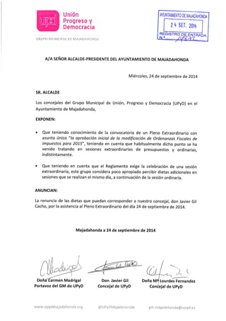 Escrito de renuncia a las dietas correspondientes al Pleno Extraordinario de 24 de septiembre de 2014