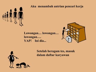 Aku menambah antrian pencari kerja 
Lowongan… lowongan… 
lowongan…. 
YAP! Ini dia... 
Setelah beragam tes, masuk 
dalam daftar karyawan 
 