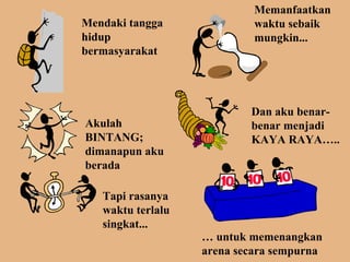 Mendaki tangga 
hidup 
bermasyarakat 
Memanfaatkan 
waktu sebaik 
mungkin... 
Akulah 
BINTANG; 
dimanapun aku 
berada 
Dan aku benar-benar 
menjadi 
KAYA RAYA….. 
Tapi rasanya 
waktu terlalu 
singkat... 
… untuk memenangkan 
arena secara sempurna 
 