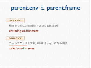 parent.env            parent.frame
 parent.env




enclosing environment

parent.frame



caller’s environment
 