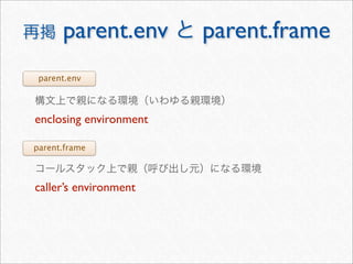 parent.env        parent.frame
 parent.env




enclosing environment

parent.frame



caller’s environment
 