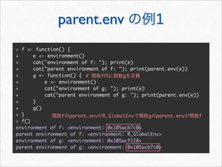 parent.env                        1
> f <- function() {
+     e <- environment()
+     cat("environment of f: "); print(e)
+     cat("parent environment of f: "); print(parent.env(e))
+     g <- function() { #     f      g
+         e <- environment()
+         cat("environment of g: "); print(e)
+         cat("parent environment of g: "); print(parent.env(e))
+     }
+     g()
+ }             f parent.env R_GlobalEnv      g parent.env      f
> f()
environment of f: <environment: 0x105acb7c0>
parent environment of f: <environment: R_GlobalEnv>
environment of g: <environment: 0x105acf228>
parent environment of g: <environment: 0x105acb7c0>
 