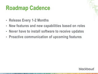 Roadmap Cadence
• Release Every 1-2 Months
• New features and new capabilities based on roles
• Never have to install software to receive updates
• Proactive communication of upcoming features
 
