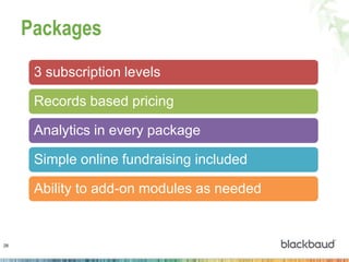 3 subscription levels
Records based pricing
Analytics in every package
Simple online fundraising included
Ability to add-on modules as needed
Packages
28
 