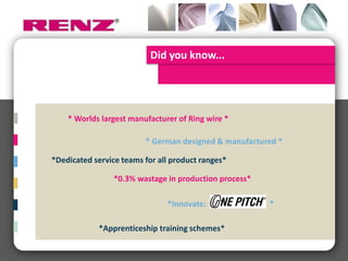 Did you know...




    * Worlds largest manufacturer of Ring wire *

                         * German designed & manufactured *

*Dedicated service teams for all product ranges*

                 *0.3% wastage in production process*

                               *Innovate:               *

            *Apprenticeship training schemes*
 
