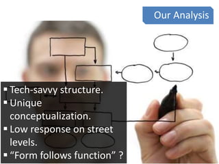 Our Analysis
 Tech-savvy structure.
 Unique
conceptualization.
 Low response on street
levels.
 “Form follows function” ?
 