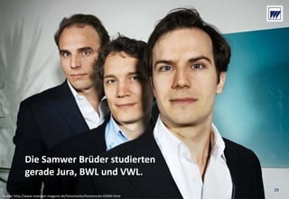 © Dr. Wieselhuber & Partner GmbH. All rights reserved. Proprietary and confidential.
VO_190515_th_MedienforumOstBY_CK_tr.pptx
29
Die Samwer Brüder studierten
gerade Jura, BWL und VWL.
Quelle: http://www.manager‐magazin.de/fotostrecke/fotostrecke‐65960.html
29
 