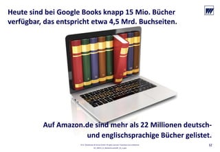 © Dr. Wieselhuber & Partner GmbH. All rights reserved. Proprietary and confidential.
VO_190515_th_MedienforumOstBY_CK_tr.pptx
32
Auf Amazon.de sind mehr als 22 Millionen deutsch‐
und englischsprachige Bücher gelistet.
32
Heute sind bei Google Books knapp 15 Mio. Bücher
verfügbar, das entspricht etwa 4,5 Mrd. Buchseiten. 
 