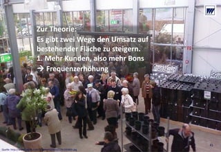 © Dr. Wieselhuber & Partner GmbH. All rights reserved. Proprietary and confidential.
VO_190515_th_MedienforumOstBY_CK_tr.pptx
41
Zur Theorie:
Es gibt zwei Wege den Umsatz auf 
bestehender Fläche zu steigern. 
1. Mehr Kunden, also mehr Bons
 Frequenzerhöhung
41
Quelle: http://www.sagaflor.de/typo3temp/pics/225c165865.jpg
 