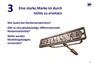 © Dr. Wieselhuber & Partner GmbH. All rights reserved. Proprietary and confidential.
VO_190515_th_MedienforumOstBY_CK_tr.pptx
53
3 Eine starke Marke ist durch
nichts zu ersetzen
Wie lautet das Markenversprechen?
Gibt es eine glaubwürdige, differenzierende
Markenindentität?
Wofür werden
Marketingsbudgets
verwendet?
53
 