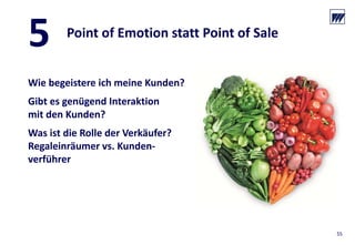 © Dr. Wieselhuber & Partner GmbH. All rights reserved. Proprietary and confidential.
VO_190515_th_MedienforumOstBY_CK_tr.pptx
55
Point of Emotion statt Point of Sale
5
Wie begeistere ich meine Kunden?
Gibt es genügend Interaktion
mit den Kunden?
Was ist die Rolle der Verkäufer?
Regaleinräumer vs. Kunden‐
verführer
55
 