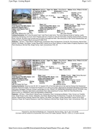 2 per Page - Listing Report                                                                                                     Page 1 of 1



                                       IRES MLS #: 652419 Type: Res Style: 1 Story/Ranch Status: Active Price: $139,900
                                       137 Hartman St 80521                Subdivision: Frutchey
                                       Area/SubArea: 9/2              Locale: Fort Collins            County: Larimer
                                       MapBook: N-X-0                                                 Zoning: Res
                                       Beds: 3      Baths: 1 (F 1 T 0 H 0)               Gar: 2 A     Year Built: 1959
                                       Taxes: $1,092 / 2009              PIN: App Acres: 0.18            Lot Size: 7709
                                       Water: City of Fort Collins                         Elec: City       Gas: Xcel



    District:Poudre                                Elem: Irish                                 Middle: Lincoln        High: Poudre
    Total Square Feet INCL Bsmt: 1222              Total Finished INCL Bsmt: 1222              FinishedExclBsmt: 1222
    Basement Square Feet: 0                        Lower Level Square Feet: 0                  Main Level: 1222
    Upper Level Square Feet: 0                     Additional UpperSq Ft: 0                    SqFt Source: Assessor records
    Living: 16x11                 Dining:       Kitchen: 13x11                    Bed1: 18x11                Bed2: 11x11
    Family:                       Rec:          Laundry: 6x6                      Bed3: 11x10                Office:
    LO: Keller Williams-No. Colo, FTC                                                    LA: Justin Morales
    Listing Comments: Don't miss this great 3 bed 1 bath Ranch style home. This home features forced air heating, a patio
    perfect for entertaining, and much more! Property sold as-is. Buyers to verify all information including measurements, schools,
    taxes, HOA etc. All offers must include proof of funds or pre-approval letter. See extras tab for offer writing checklist.Must call
    Jessica Foster at Prospect Mtg for pre-qual 970-690-7018.
    Features: <.25 Acre, 1 Story/Ranch, Wood/Frame, Composition Roof, No Basement, Forced Air, No Inclusions, Natural Gas,
    Electric, City Water, City Sewer, Lender Owner/REO, Vacant not for Rent, Delivery of Deed, Seller's Property Disclosure, Lead
    Paint Disclosure, Minimal Risk, Single Family, Cash, Conventional, FHA, VA




                                       IRES MLS #: 647800 Type: Res Style: 1 Story/Ranch Status: Active Price: $143,000
                                       6029 Mars Dr 80525               Subdivision: Skyview
                                       Area/SubArea: 9/19               Locale: Fort Collins           County: Larimer
                                       MapBook: N-x-0                                                  Zoning: RES
                                       Beds: 4      Baths: 1 (F 1 T 0 H 0)               Gar: 0 N     Year Built: 1965
                                       Taxes: $1,017 / 2010       PIN: 9611110012         App Acres: 0.19    Lot Size: 8276
                                       Water: Ft Collins/Loveland                  Elec: Poudre REA              Gas: Xcel



    District:Poudre                               Elem: Lopez                            Middle: Preston High: Rocky Mountain
    Total Square Feet INCL Bsmt: 1248             Total Finished INCL Bsmt: 1248         FinishedExclBsmt: 1248
    Basement Square Feet:                         Lower Level Square Feet:               Main Level: 1248
    Upper Level Square Feet:                      Additional UpperSq Ft:                 SqFt Source: Assessor records
    Living: 16x15                   Dining:         Kitchen: 16x9                  Bed1: 12x9            Bed2: 12x12
    Family:                         Rec:            Laundry:                       Bed3: 12x9            Office:
    LO: Pro Realty Old Town                                                   LA: Matthew Revitte
    Listing Comments: Close by June 30, 2011 & request 3.5% of the final sales price to be used as Closing Cost Assistance!
    Eligibility Restrictions Apply. Purchase this Property for as Little as 3% Down. Approved for HomePath Mortgage & HomePath
    Renovation Mortgage Financing. Contact Listing Agent for Info. PROOF OF FINANCING REQUIRED ON ALL OFFERS. Very
    SHARP Ranch in Skyview, New Interior and Exterior Paint, New Carpeting & Furnace, Walk-Out Patio,Wood Burning
    Stove,Corner Lot. PROPERTY SOLD AS REPAIRED CONDITION.
    Features: <.25 Acre, 1 Story/Ranch, Wood/Frame, Composition Roof, Contemporary/Modern, Patio, Corner Lot, Foothills
    View, Street Paved, Curbs, Gutters, Sidewalks, City Street, Blacktop Road, No Basement, Forced Air, No Inclusions, Eat-in
    Kitchen, Washer/Dryer Hookups, Natural Gas, Electric, City Water, City Sewer, Lender Owner/REO, Vacant not for Rent,
    Delivery of Deed, No Property Disclosure, Lead Paint Disclosure, Minimal Risk, Single Family, Cash, Conventional, FHA, VA




                     Prepared For: www.ShannanRealEstate.com - Prepared By: Shannan Zitney - Apr 21, 2011 5:41:54 AM
          Information deemed reliable but not guaranteed. MLS content and images Copyright 1995-2011, IRES LLC. All rights reserved.




http://www.iresis.com/MLS/awa/reports/listing?reportName=Two_per_Page                                                            4/21/2011
 
