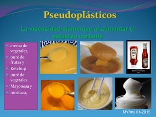 MY/my 01-2015
Pseudoplásticos
La viscosidad disminuye al aumentar el
esfuerzo cortante
 crema de
vegetales,
 puré de
frutas y
 Kétchup
 puré de
vegetales
 Mayonesa y
 mostaza,
 