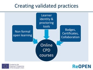 Online
CPD
courses
Non formal
open learning
Learner
identity &
proctoring
tools
Badges,
Certificates,
Collaboration
Creati...