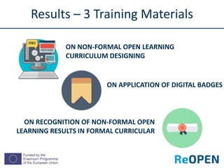 Results – 3 Training Materials
ON NON-FORMAL OPEN LEARNING
CURRICULUM DESIGNING
ON APPLICATION OF DIGITAL BADGES
ON RECOGN...