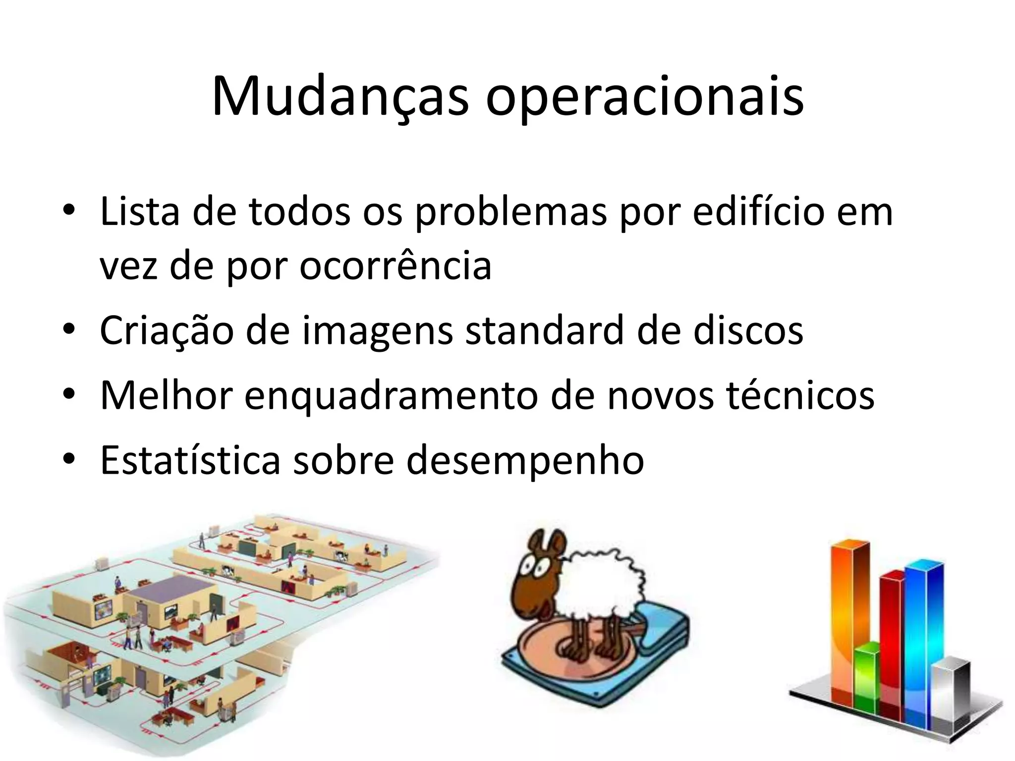 Mudanças operacionais
• Lista de todos os problemas por edifício em
  vez de por ocorrência
• Criação de imagens standard de discos
• Melhor enquadramento de novos técnicos
• Estatística sobre desempenho
 