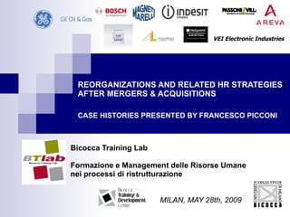REORGANIZATIONS AND RELATED HR STRATEGIES AFTER MERGERS & ACQUISITIONS CASE HISTORIES PRESENTED BY FRANCESCO PICCONI   Bicocca Training Lab Formazione e Management delle Risorse Umane  nei processi di ristrutturazione MILAN, MAY 28th, 2009 VEI Electronic Industries 