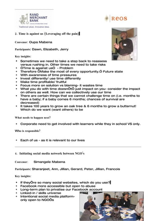 2. Time is against us (Leveraging off the pain)

Convenor: Oupa Mabena

Participants: Dawn, Elizabeth, Jerry

Key insights:
   Sometimes we need to take a step back to reassess
    versus rushing in. Other times we need to take risks
   “Time is against us” - Problem
   Therefore “Make the most of every opportunity.” Future state
   With awareness of time pressures
   Invest differently/ use time differently
   Make time profitable/ fruitful
   Focus more on solution vs blaming- it wastes time
   What you do with time doesn’t’ just impact on you- consider the impact
    on others as well. How can we collectively use our time
   There are certain things that we cannot challenge time on (i.e. months to
    have a baby; if a baby comes 6 months; chances of survival are
    decreased)
   It takes 100 years to grow an oak tree & 6 months to grow a butternut!
    Which do we want (want others) to be

What needs to happen next?

   Corporate need to get involved with learners while they in school VS only.

Who is responsible?


   Each of us - as it is relevant to our lives



4. Initiating social media network between NGO’s

Convenor:       Simangele Mabena

Participants: Sharanjeet, Ann, Jillian, Gerard, Peter, Jillian, Francois

Key insights:

   If they’re so many social websites, which do you use?
   Facebook more accessible but open to abuse
   Long-term plan to privatise our Facebook account
   Linked-in / skills universe
   Intentional social media platform-
    only open to NGO’s


                                                                             9
 