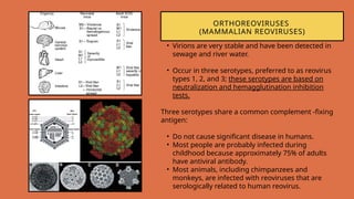 ORTHOREOVIRUSES
(MAMMALIAN REOVIRUSES)
• Virions are very stable and have been detected in
sewage and river water.
• Occur in three serotypes, preferred to as reovirus
types 1, 2, and 3; these serotypes are based on
neutralization and hemagglutination inhibition
tests.
Three serotypes share a common complement -fixing
antigen:
• Do not cause significant disease in humans.
• Most people are probably infected during
childhood because approximately 75% of adults
have antiviral antibody.
• Most animals, including chimpanzees and
monkeys, are infected with reoviruses that are
serologically related to human reovirus.
 